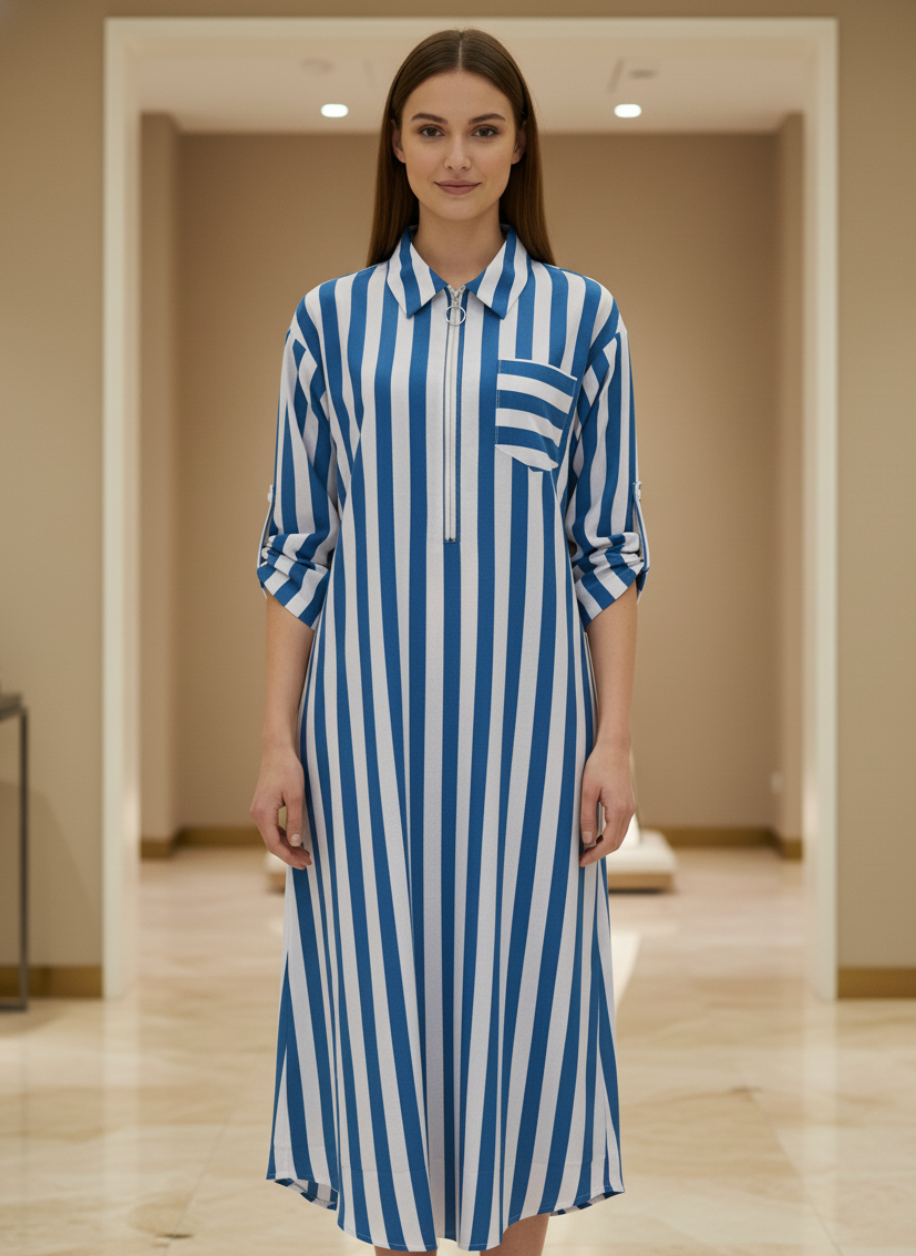 Abito lungo da donna elegante con stampa a righe